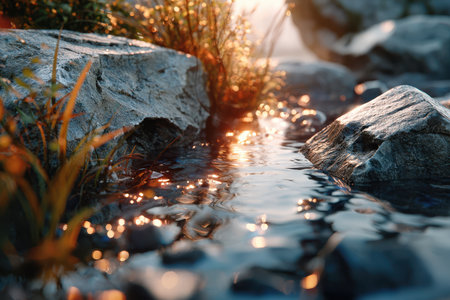 Sunlight reflects off a serene stream, beautifully illuminating rocks and vegetation in a peaceful setting.の写真素材