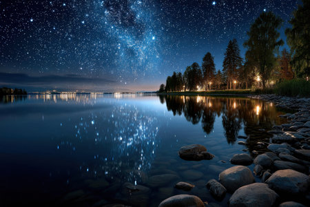 A tranquil lake reflects a starry night sky and distant city lightsの写真素材