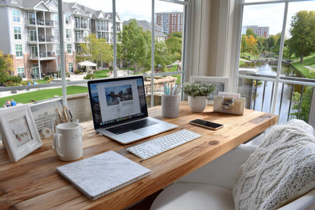 A cozy home office desk overlooks a scenic canal and residential buildingsの写真素材