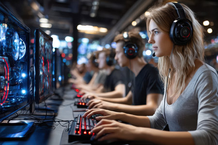 Gamers playing video games in a dark room with colorful computer lightingの写真素材