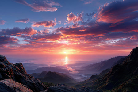 Vibrant colors fill the sky as the sun sets behind distant mountains, reflecting on the ocean's surface.の写真素材