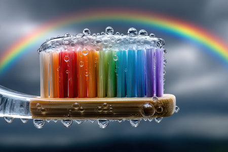 A bright toothbrush with multicolored bristles stands out against dark clouds and a rainbow with water droplets.の写真素材