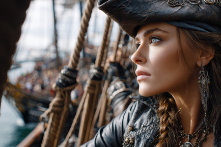A woman in pirate attire gazes thoughtfully from the deck of a ship, with ropes and sails in view.の写真素材