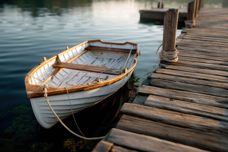A wooden boat rests peacefully next to a weathered dock on a calm lake during sunrise, reflecting soft light.の写真素材