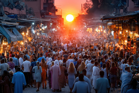 Vibrant market bustling with people as the sun sets in the background, illuminating the atmosphere.の写真素材
