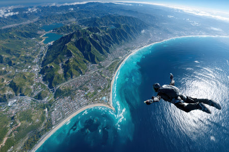 A skydiver descends above a breathtaking California coastline, showcasing ocean waves and mountains.の写真素材