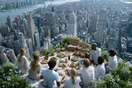 A diverse group enjoys a picnic on a rooftop with stunning views of the city skyline as the sun sets.の写真素材