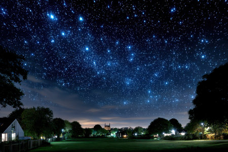 A serene park at night under a sky full of starsの写真素材