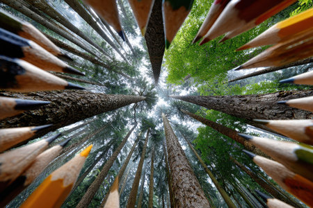 Looking up from the forest floor, colored pencils surround towering trees and vibrant foliage overhead.の写真素材