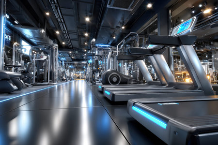 Empty modern gym interior with treadmills and other fitness equipmentの写真素材