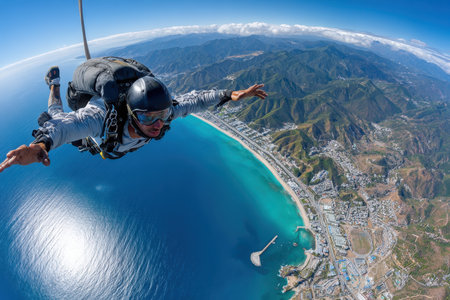 A skydiver descends gracefully above a vibrant coastal city, with mountains and ocean shimmering below on a sunny day.の写真素材