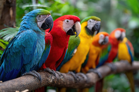 Several colorful macaws perch on a branch in a natural settingの写真素材