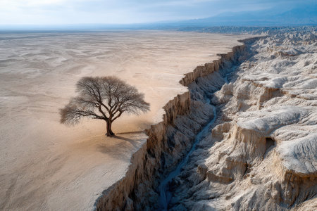 A lone tree stands on the edge of a desert canyon with distant mountainsの写真素材