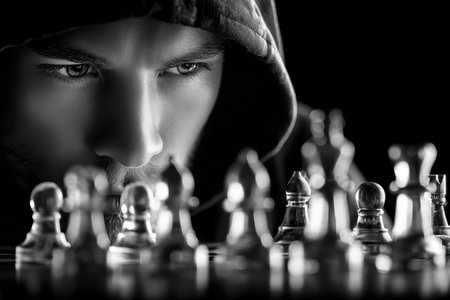 Intense player studies the chessboard, deep in thought during a competitive match in a dark setting.の写真素材