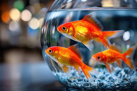 Three goldfish swim in a round glass bowlの写真素材