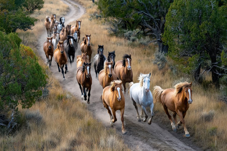 A herd of horses gallops down a dusty trailの写真素材