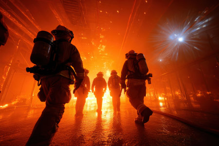 Firefighters navigate through thick smoke and flames in an industrial area during a nighttime emergency response.の写真素材