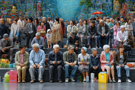Multiple individuals of various ages gather on steps in a lively city space showcasing a colorful backdrop.の写真素材