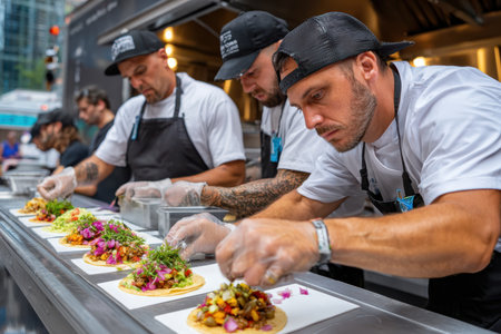 Three chefs meticulously assemble vibrant tacos with fresh ingredients at a lively food festival.の写真素材