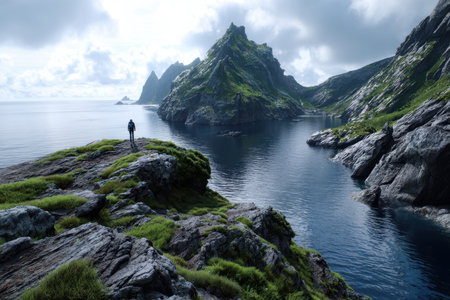 A lone hiker stands on rocky terrain, overlooking serene waters and steep green mountains under a cloudy sky.の写真素材