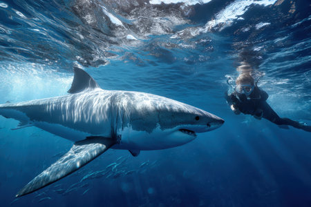 A diver swims peacefully alongside a great white shark in clear turquoise waters, showcasing marine life.の写真素材