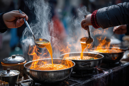 Cooks serve steaming, spicy broth from large pots at a bustling outdoor market filled with aromas.の写真素材