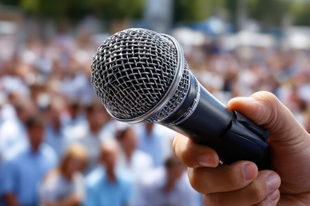 Hand holds a microphone ready for a public address as a large audience gathers in the background, focused and eager.の写真素材