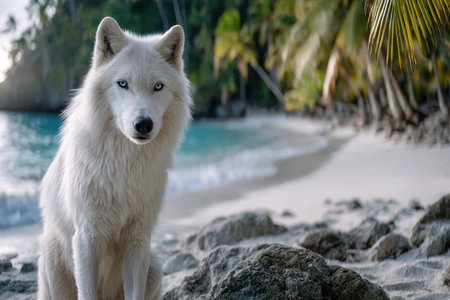 A majestic white wolf is positioned on sandy shores near turquoise waters, surrounded by palm trees at dusk.の写真素材