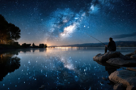 A person sits on rocks by a calm lake, fishing while gazing at the stunning Milky Way overhead.の写真素材