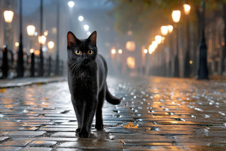 A black cat strolls gracefully down a cobblestone street illuminated by warm lights during a rainy evening.の写真素材
