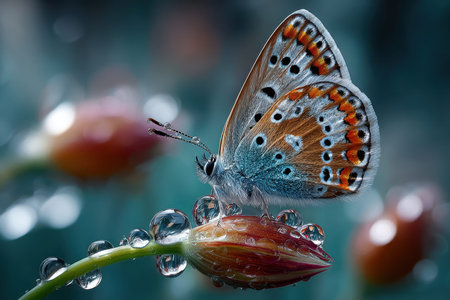 A delicate butterfly stands on a flower bud adorned with droplets of dew in a lush garden setting.の写真素材