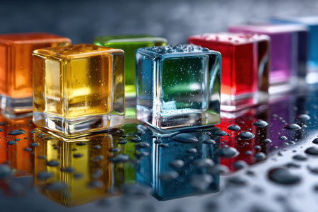 Various ice cubes in vibrant colors gleam on a smooth surface covered in water droplets.の写真素材