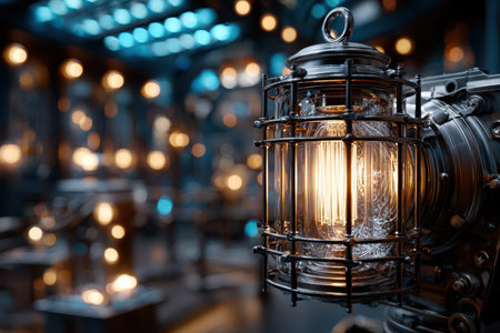 Warm light from a vintage lamp enhances a contemporary workspace filled with striking decor and ambiance.の写真素材