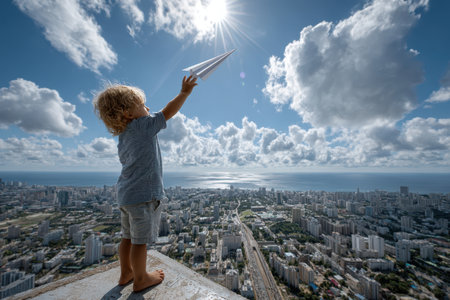 A young child holds a paper airplane aloft, standing atop a tall building, gazing at the sky and city below.の写真素材