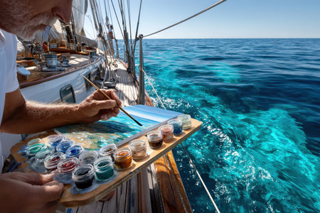 An artist creates a beautiful seascape on a sailboat, surrounded by stunning turquoise waters during the day.の写真素材
