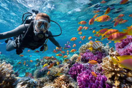 Diver swims through vibrant coral and schools of fish in a stunning underwater environment.の写真素材
