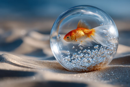 A golden fish is gracefully swimming inside a crystal-clear sphere, resting on soft sand under a bright blue sky.の写真素材