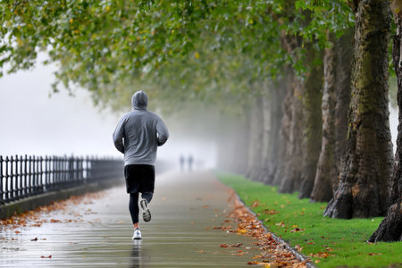 A man jogging on a foggy morning, shot with a telephoto lens, symbolizing determination and resilience, ultrarealistic photo --ar 3:2 --raw --profile nk3i4wf --stylize 250 --v 7の写真素材