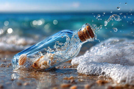 A glass bottle with seashells splashes in gentle waves on a sandy beach under bright sunlight.の写真素材