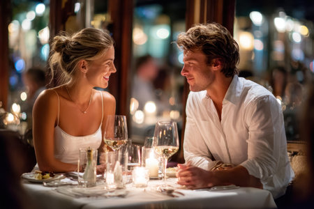 A couple enjoys a romantic dinner, smiling at each other in a softly lit restaurant. Candles glow.の写真素材