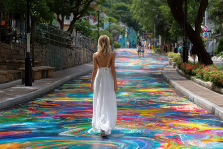 A woman in a flowing white dress walks through a street adorned with colorful swirling patterns.の写真素材