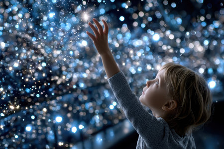 A young child stretches her hand towards shimmering stars in a captivating atmosphere filled with wonder.の写真素材