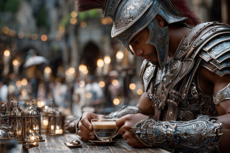 A fully armored warrior savors a cup of coffee in a bustling medieval market at dusk.の写真素材