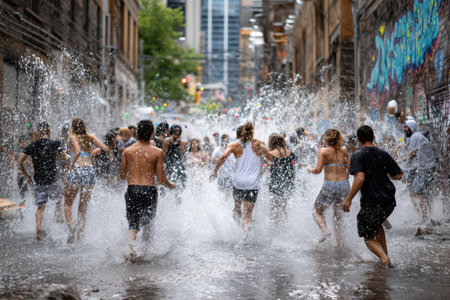Groups of people enjoy splashing in water on a hot summer day while surrounded by colorful graffiti.の写真素材