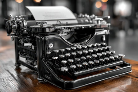 An old typewriter with a blank sheet of paper, shot in black and white, conveying a sense of writer's blockの写真素材