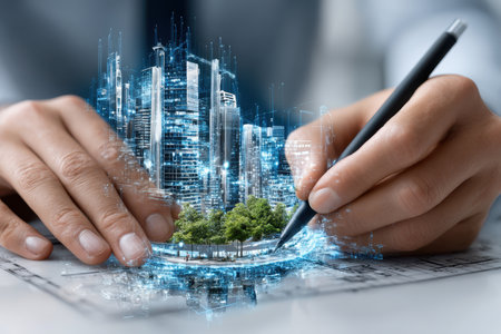 A person sketches a high-tech city design, blending nature and architecture, in a contemporary office setting.の写真素材