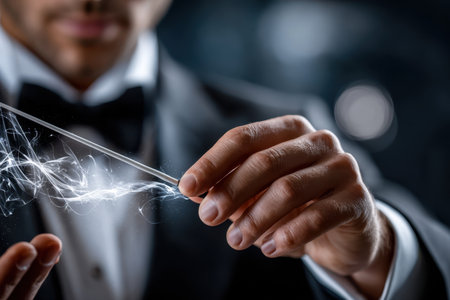A magician elegantly showcases a smoke trick, captivating the audience with skillful manipulation at a gala event.の写真素材