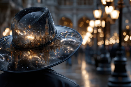 A person wearing a black hat with a cityscape reflectionの写真素材