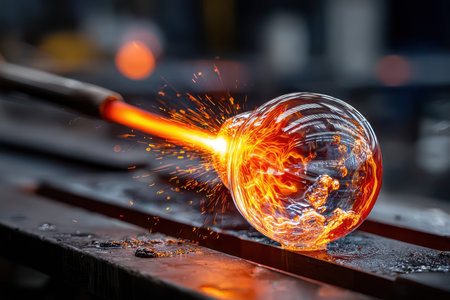 A ball of molten glass is shaped by a torch in a workshop settingの写真素材