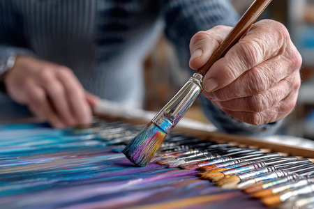 An artist delicately paints a colorful design on canvas while surrounded by a variety of paintbrushes in their studio.の写真素材